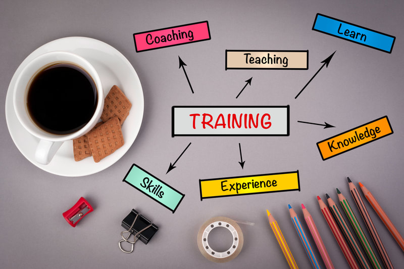 A work surface with the word training on it and the following words related to training: coaching, teaching, learn, skills and knowledge